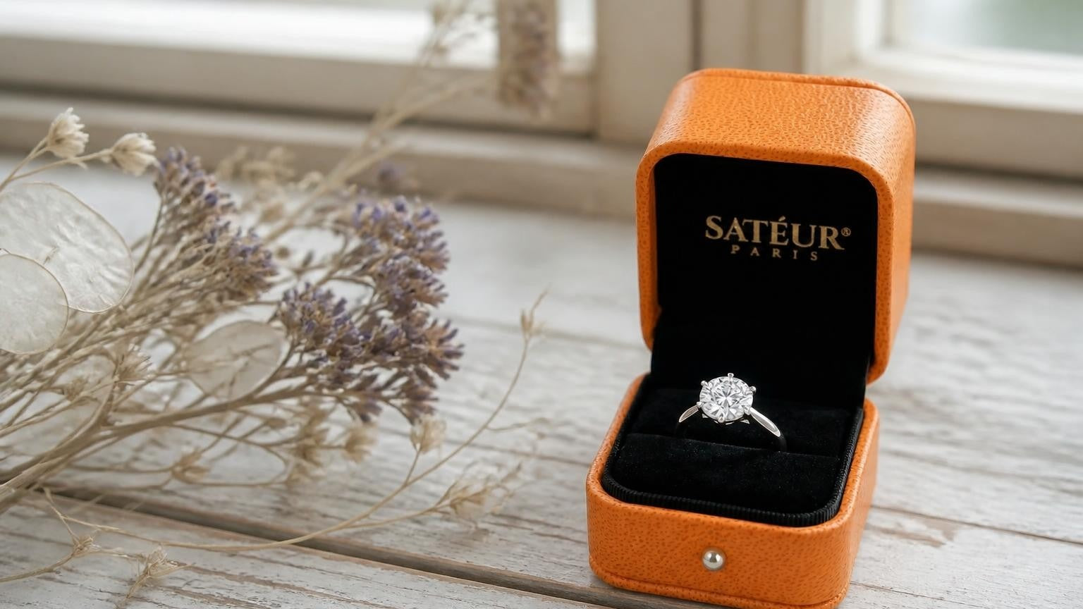 Engagement ring designs — solitaire on a country-house windowsill with open Satéur box