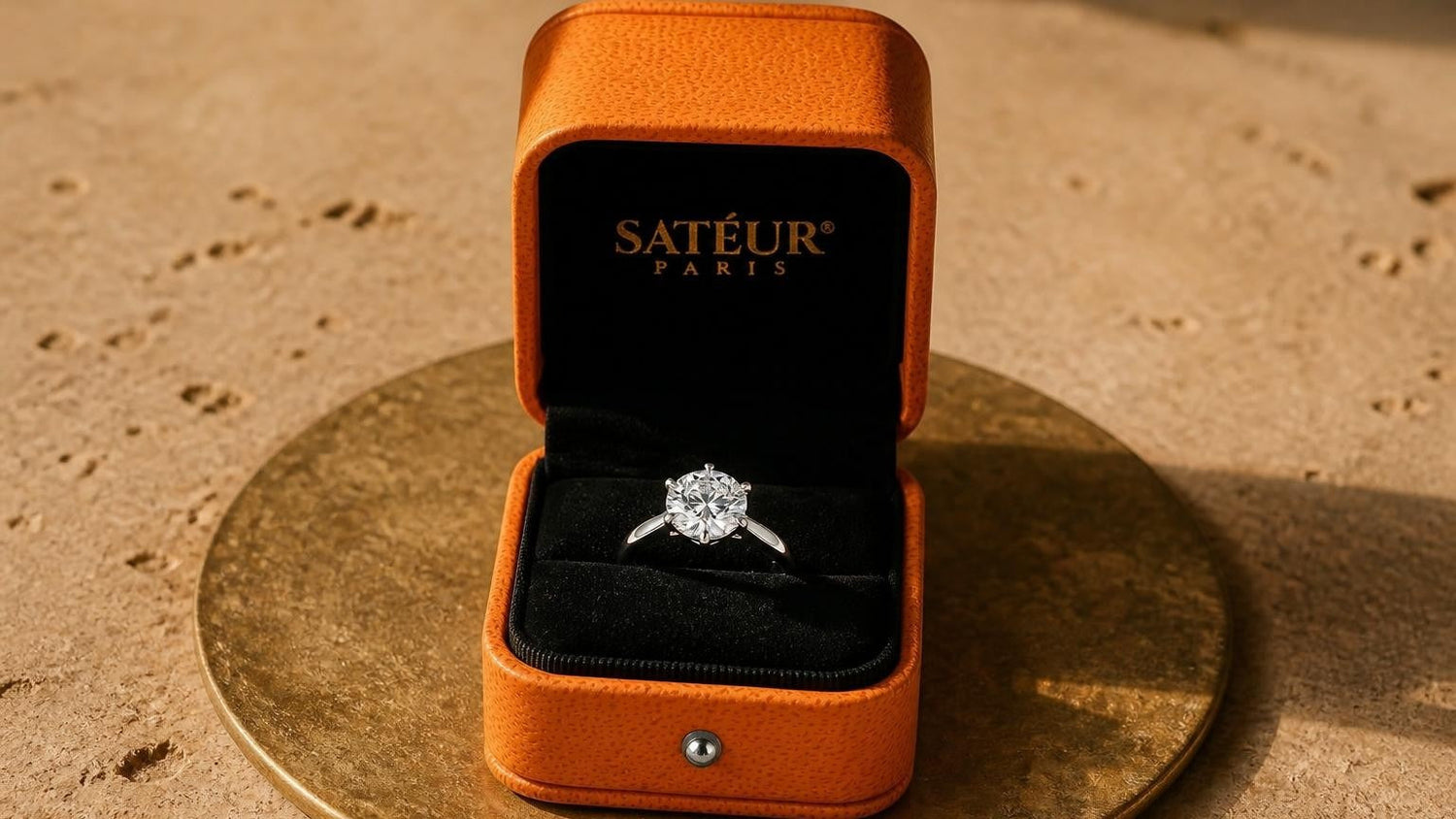 Open Satéur ring box on warm limestone surface — engagement ring insurance guide
