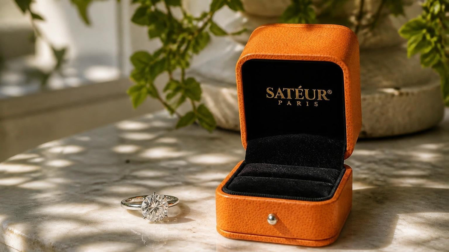 Engagement ring trends 2026 — bold centre stone with open Satéur ring box in sunlit conservatory