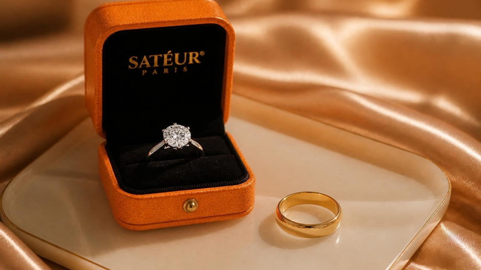 Engagement ring and wedding band displayed together in an open Satéur box on rose-gold satin