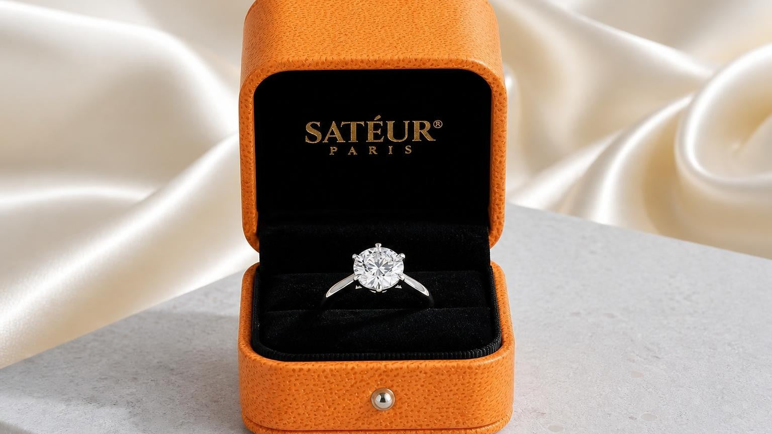 Diamond simulant ring in open orange Sateur box — what is a fake diamond called