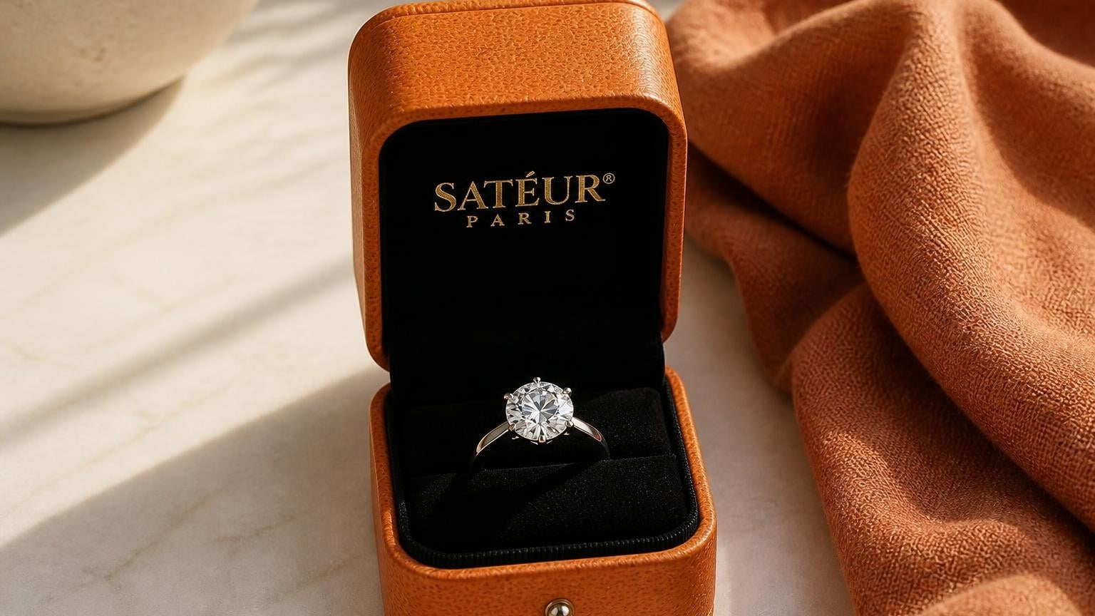 Open Satéur box with diamond simulant ring — fake diamond ring buying guide