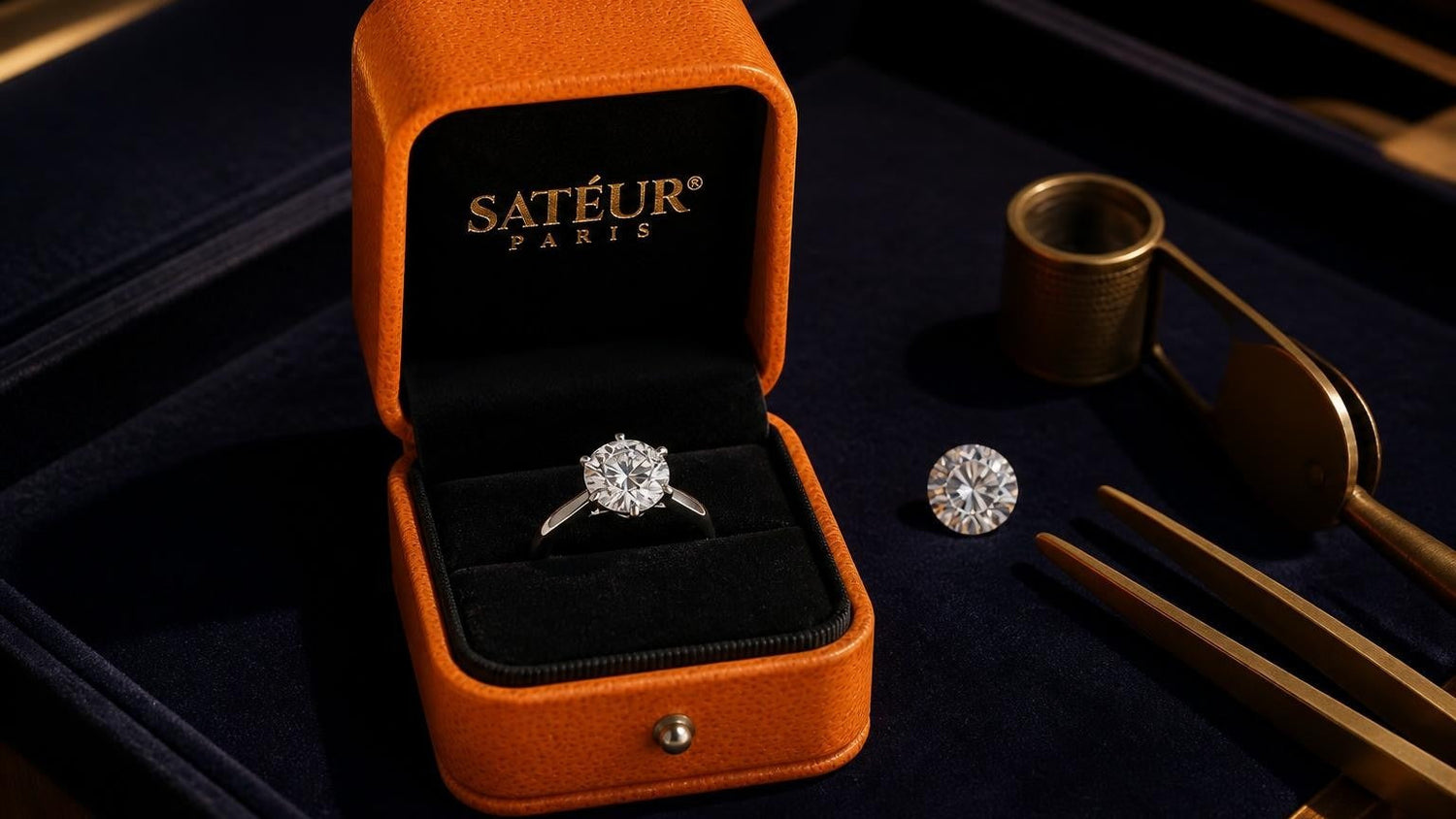 Diamond tester on velvet tray with open Satéur ring box — how diamond testing works