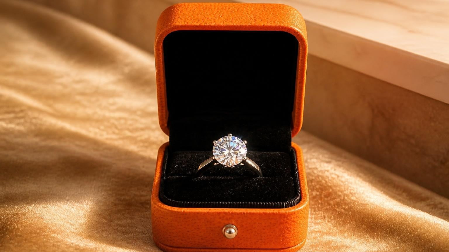 Flawless moissanite ring in open Satéur box — D-E colour, Excellent cut