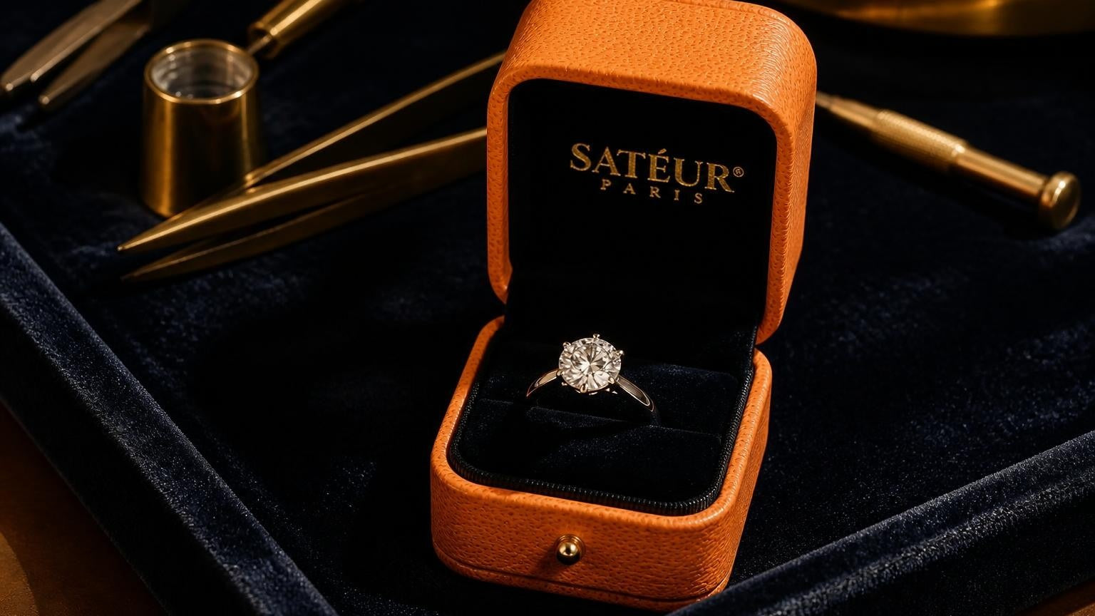 Freedom ring in open orange Satéur box on navy velvet jewellery tray