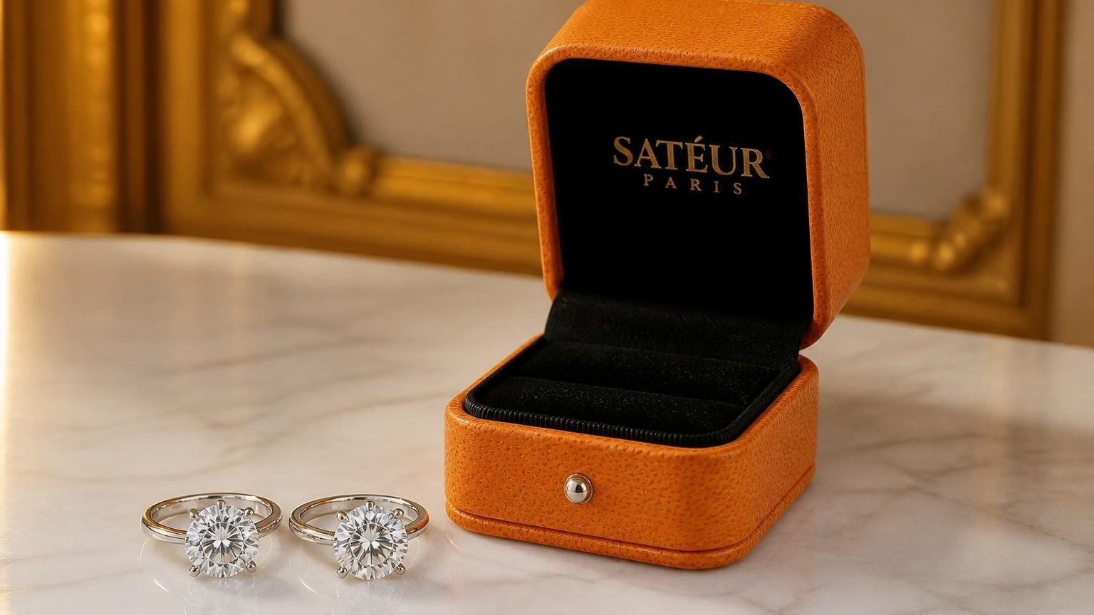 Friendship vow ring — two Satéur rings on marble with open orange Satéur box