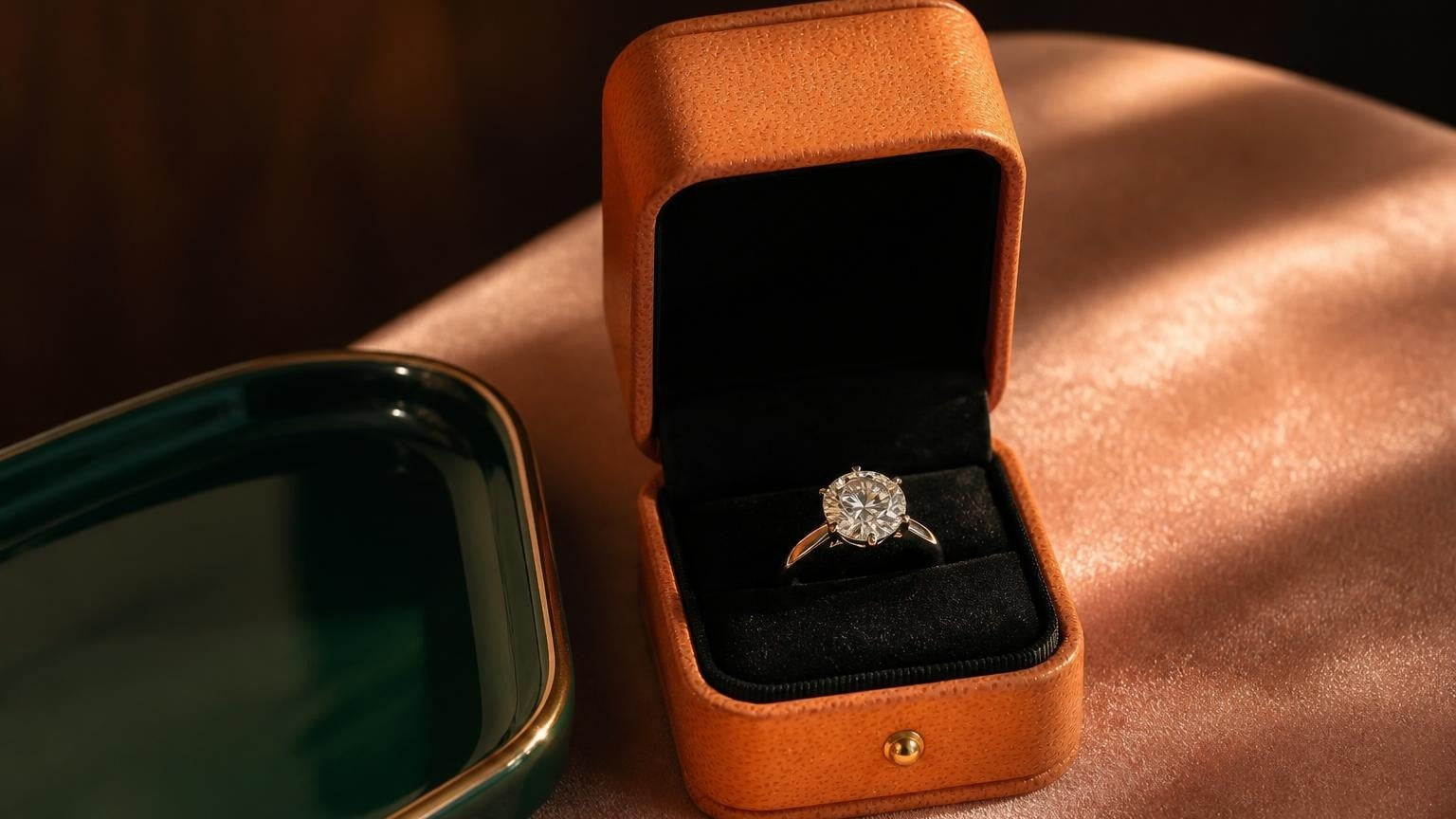GRA moissanite ring in open orange Satéur box with black velvet interior