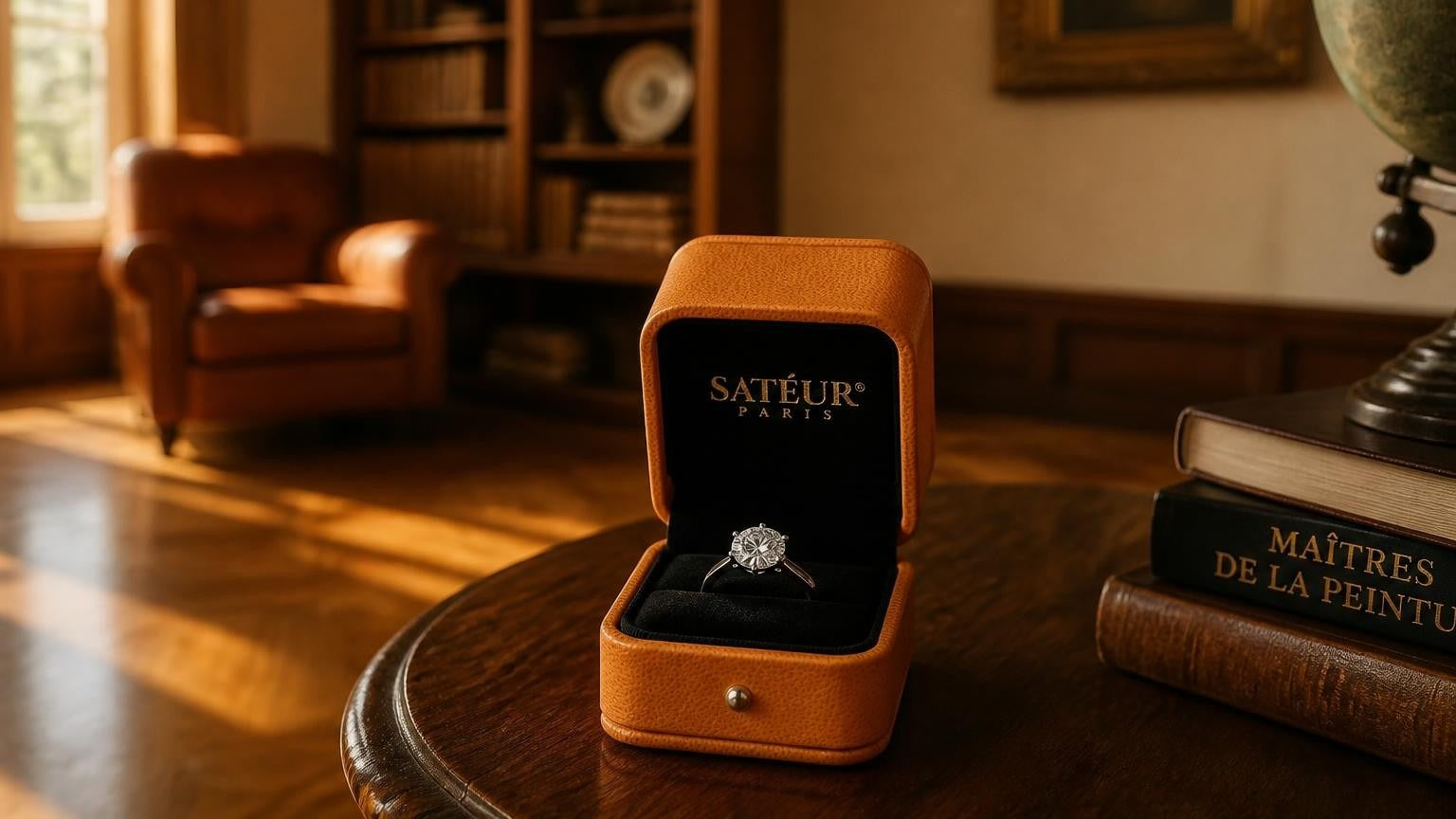 Average engagement ring cost — Satéur Destinée Ring in warm study setting