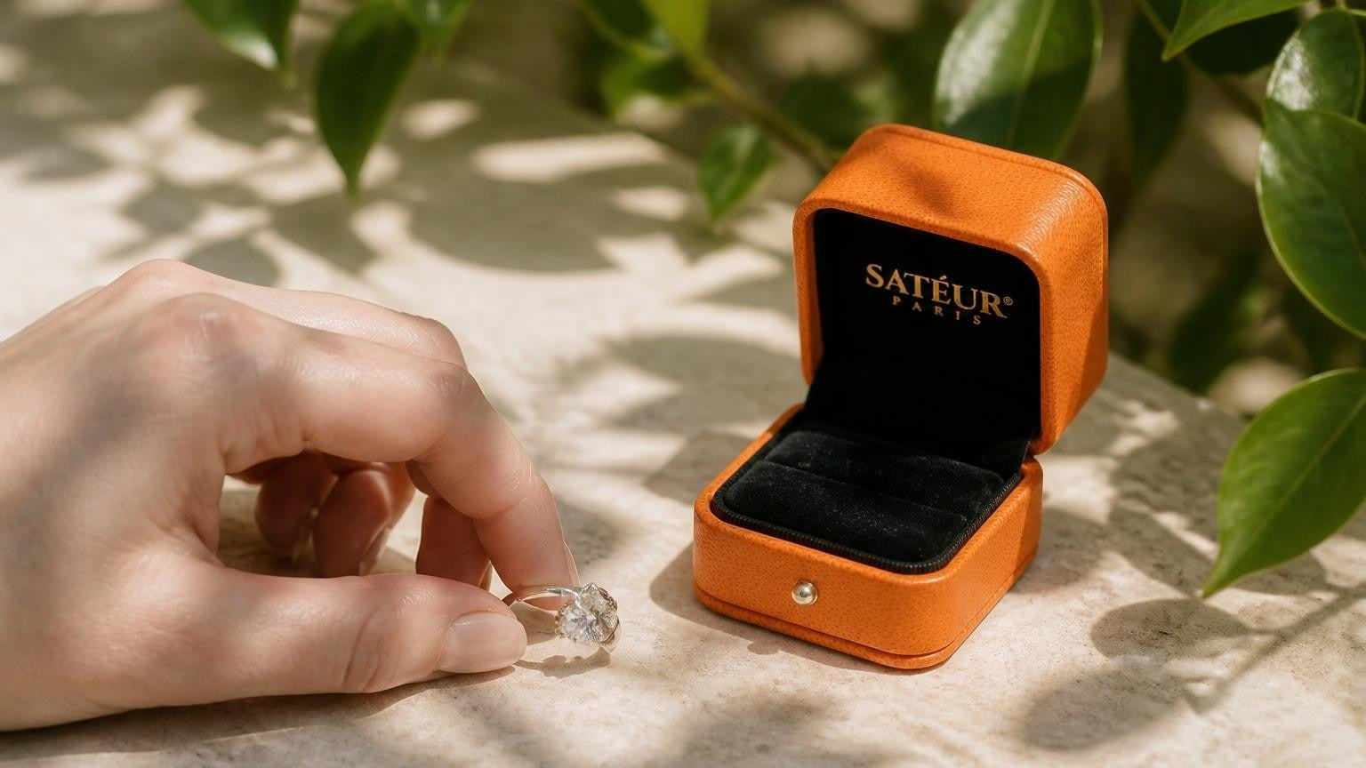 A moissanite solitaire ring in a sunlit conservatory with the open Satéur ring box