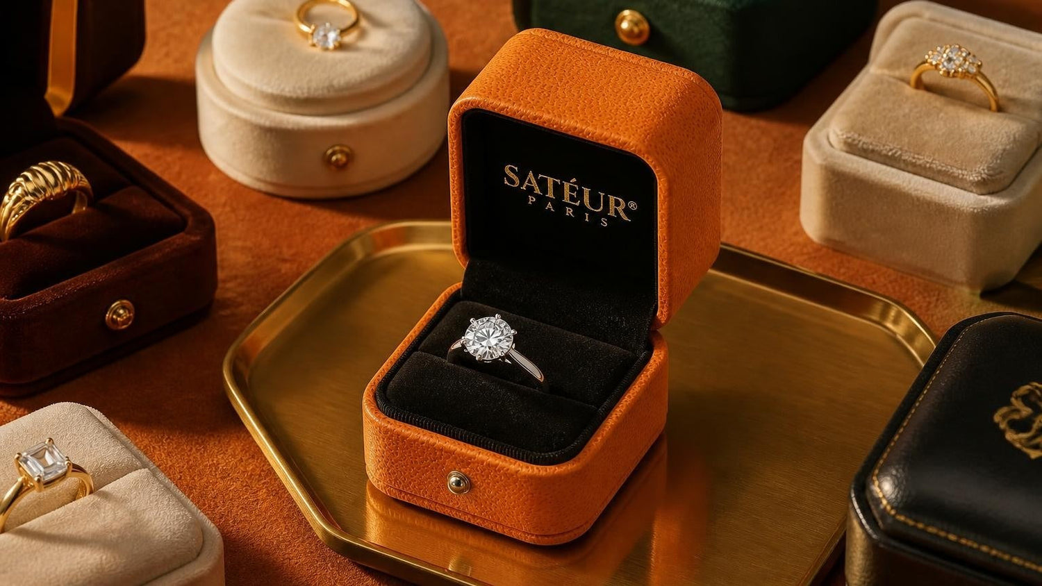 Open Satéur orange ring box with black velvet interior surrounded by assorted jewelry ring boxes on a warm suede surface