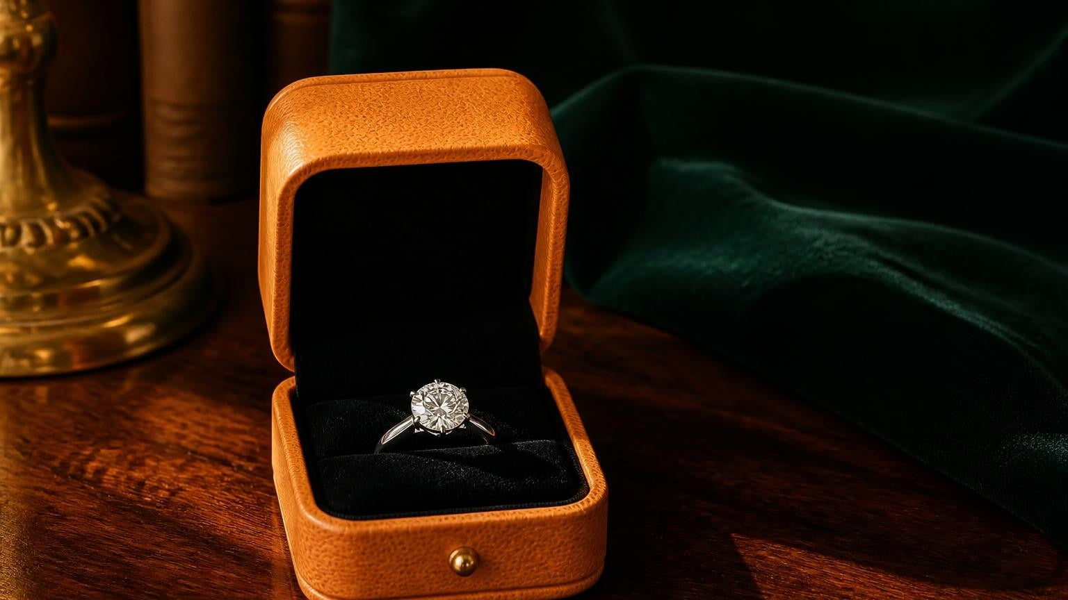 Lab grown engagement ring in open Satéur Paris box on warm amber-walnut library surface