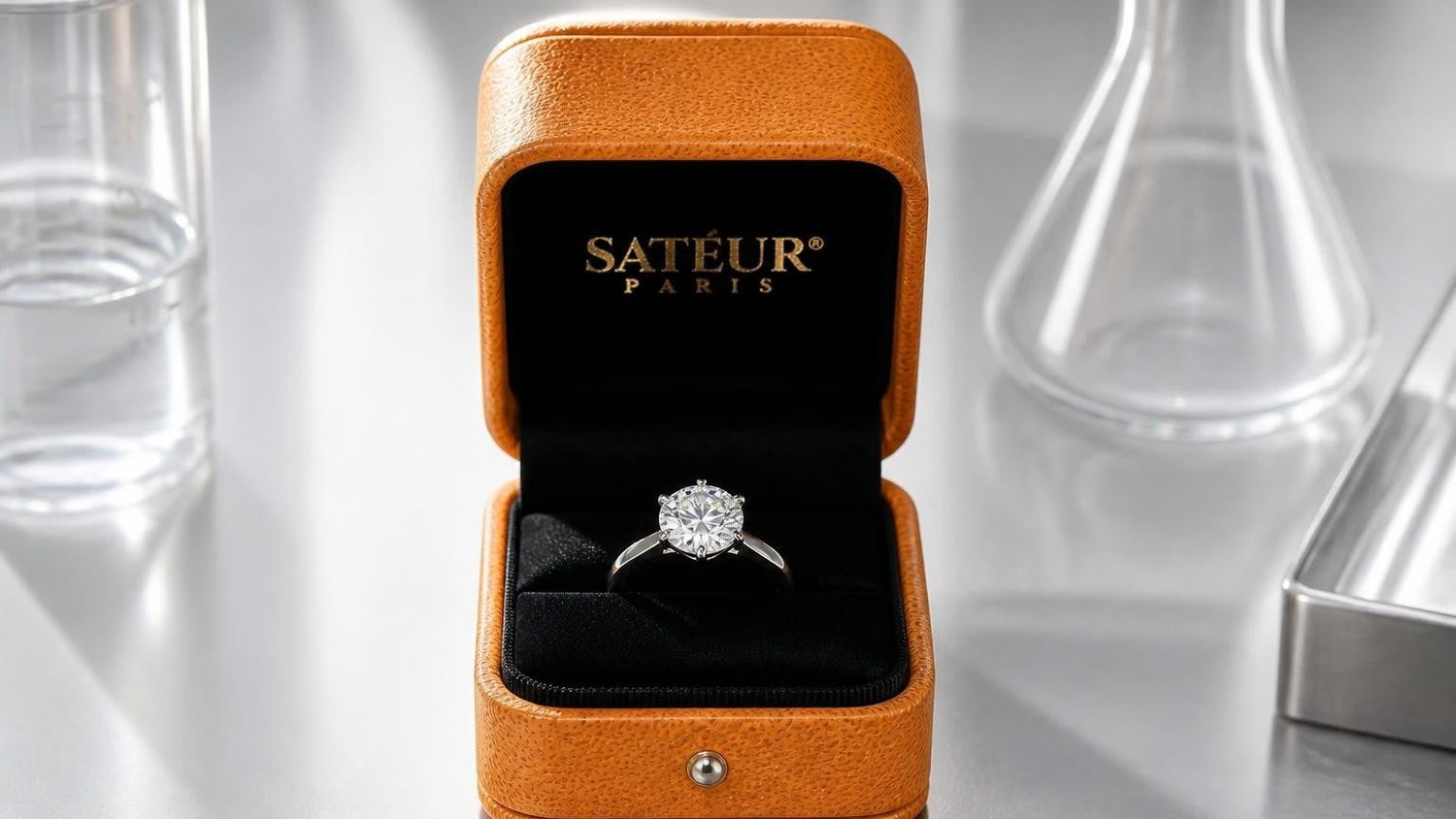 Lab grown vs traditional diamond ring comparison in open Satéur box