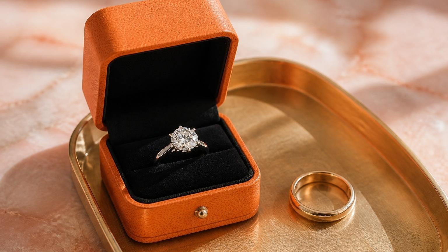 Moissanite engagement ring set — open Satéur box with round brilliant moissanite ring and matching wedding band