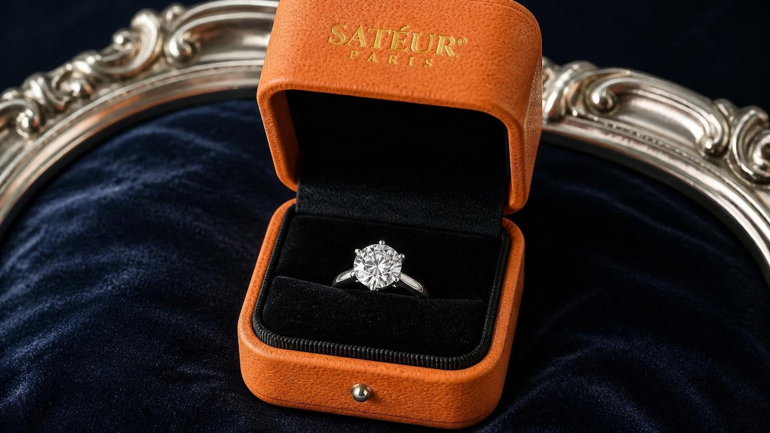 Satéur moissanite engagement ring in open orange box on navy velvet — Destinée Ring from $68