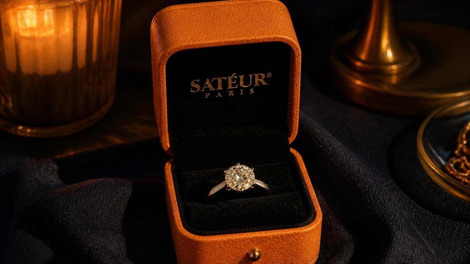 Moissanite vs diamond vs lab diamond — open Satéur ring box on midnight-navy linen
