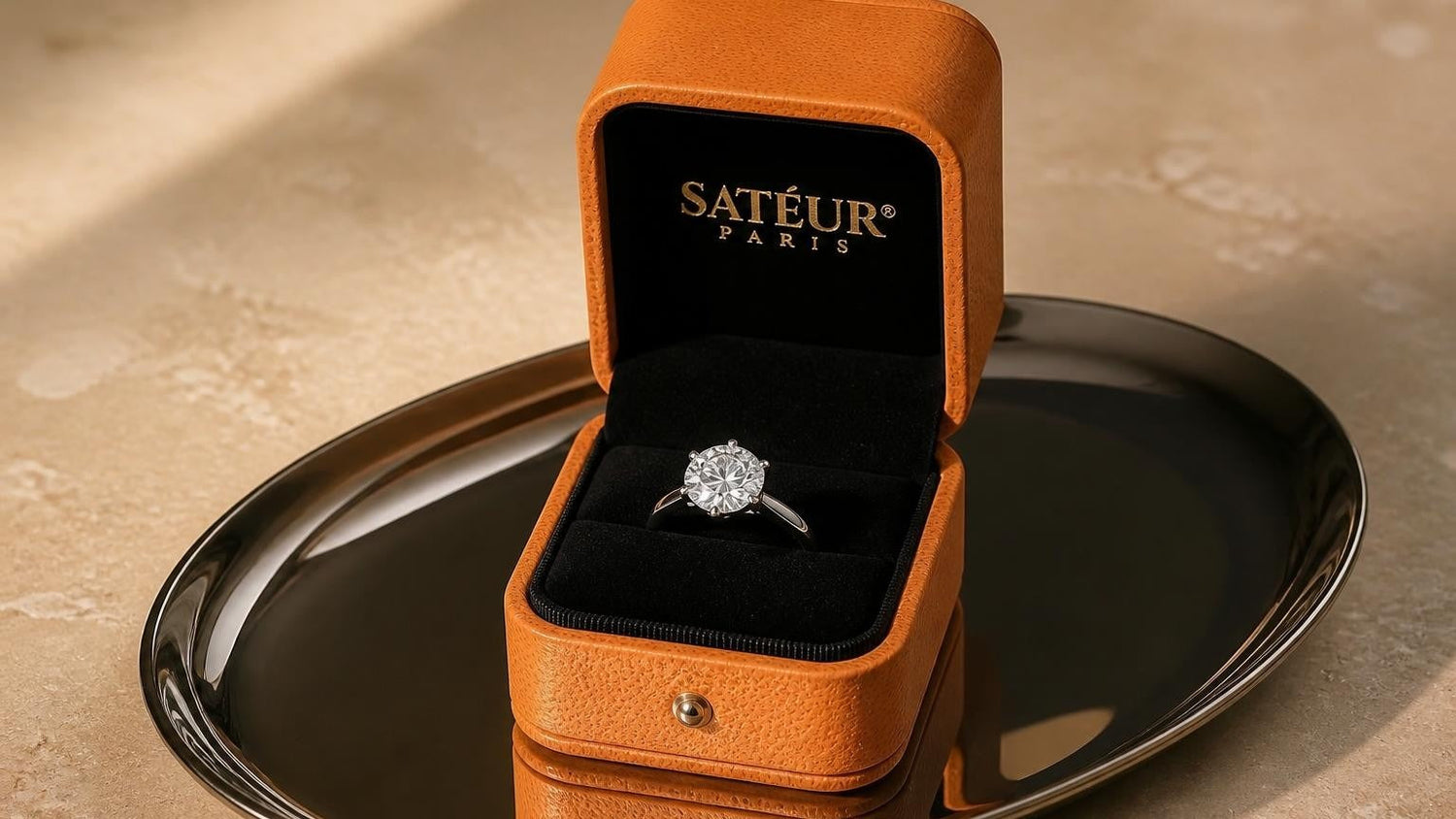 Moissanite vs lab created diamonds — Satéur moissanite ring in open orange box on limestone surface