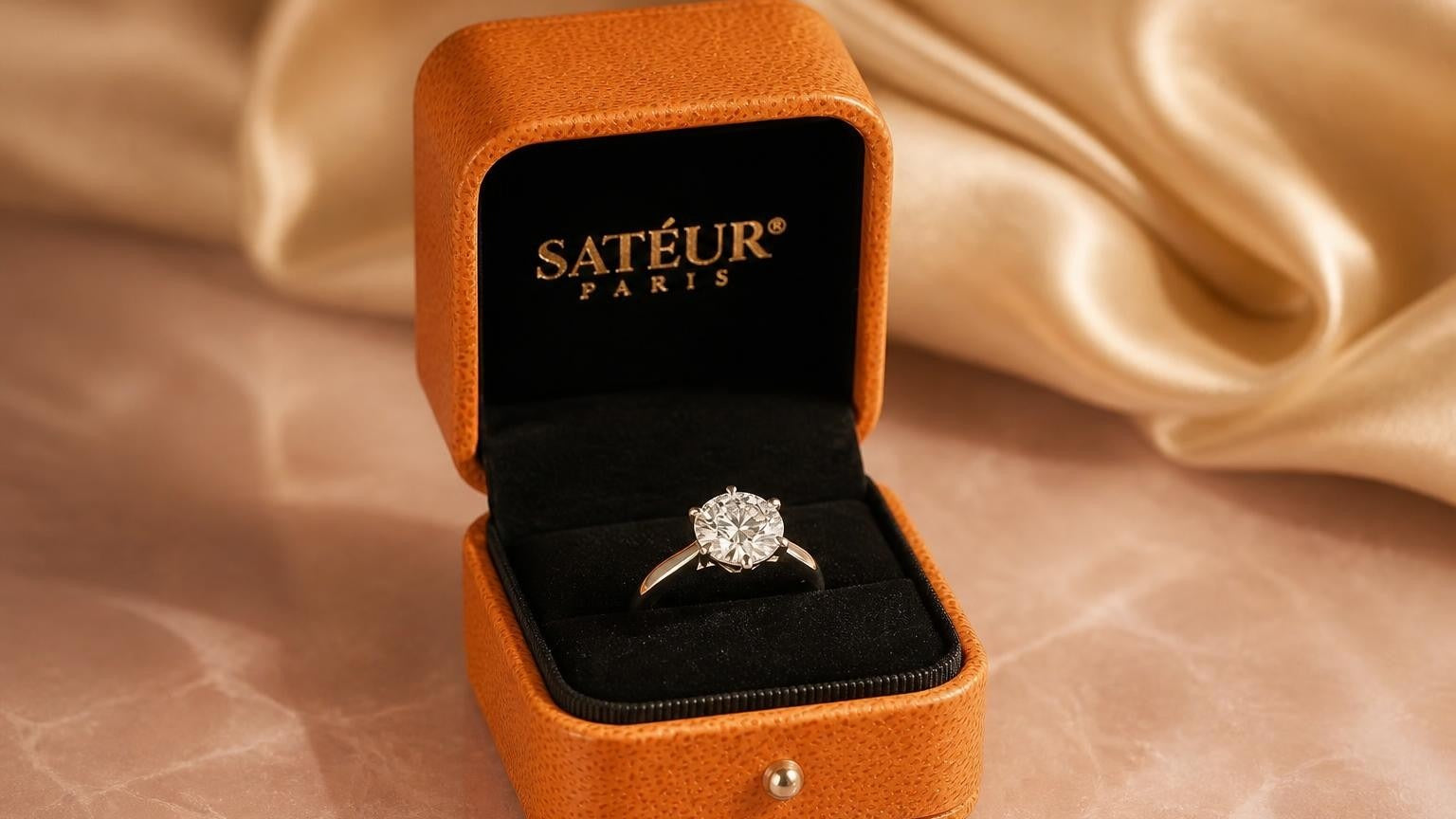 Pink diamond engagement ring in open Satéur box on blush-rose quartz surface