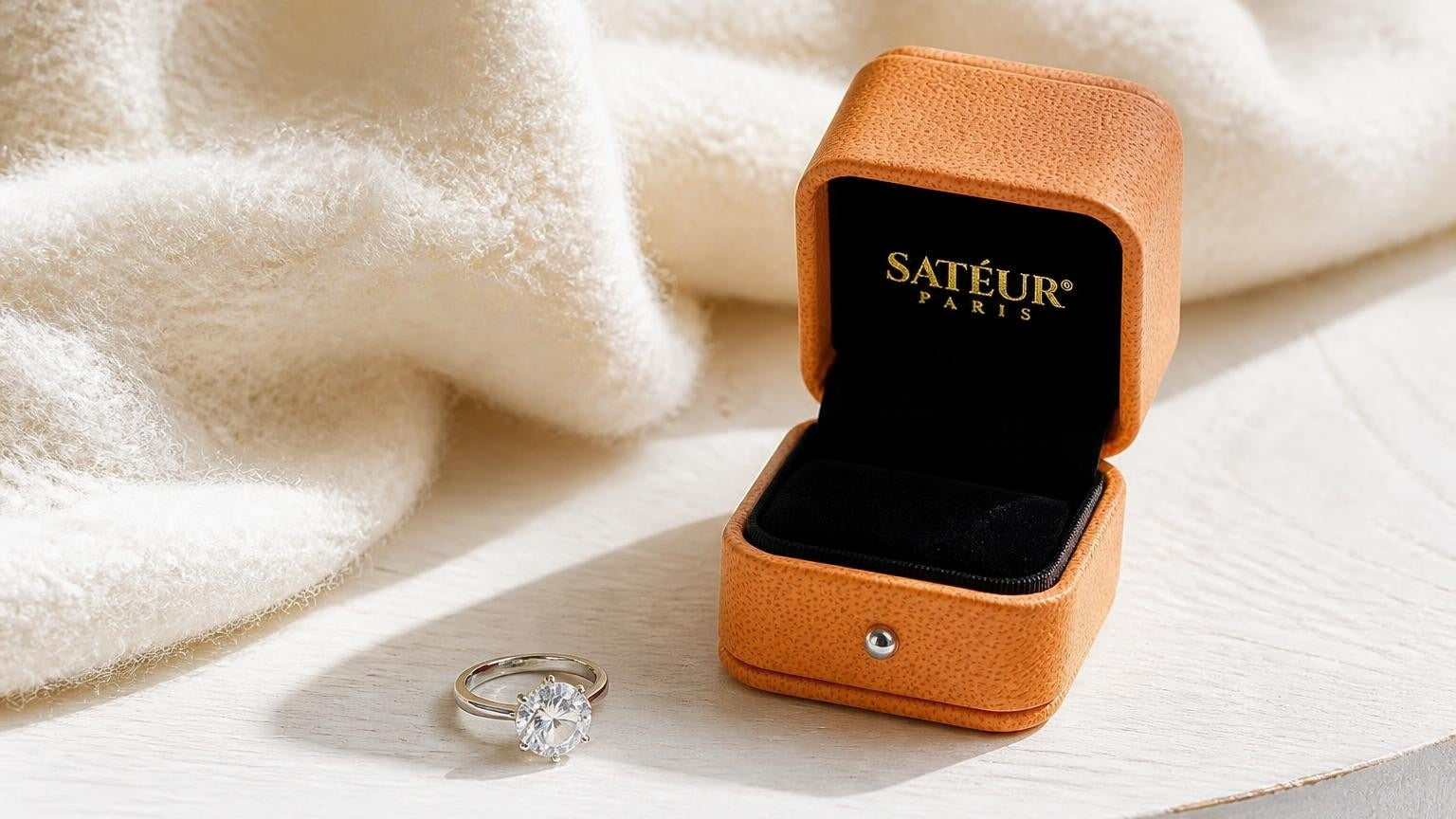 A Satéur Gems® ring beside its open orange Satéur box in a winter-light loft