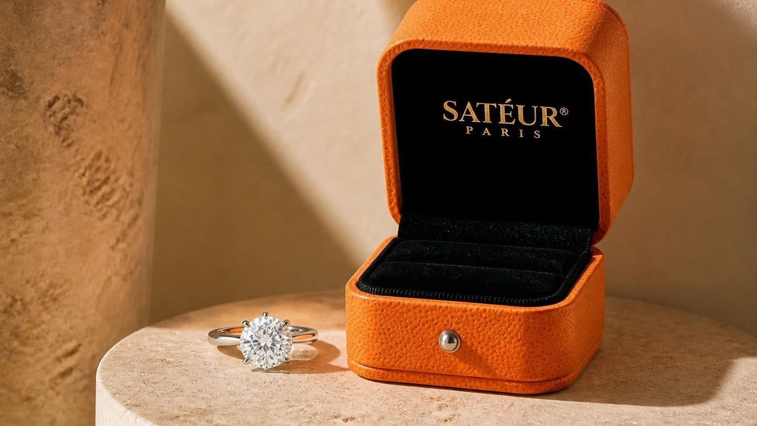 Real vs fake diamond — Satéur Gems® ring with open orange box