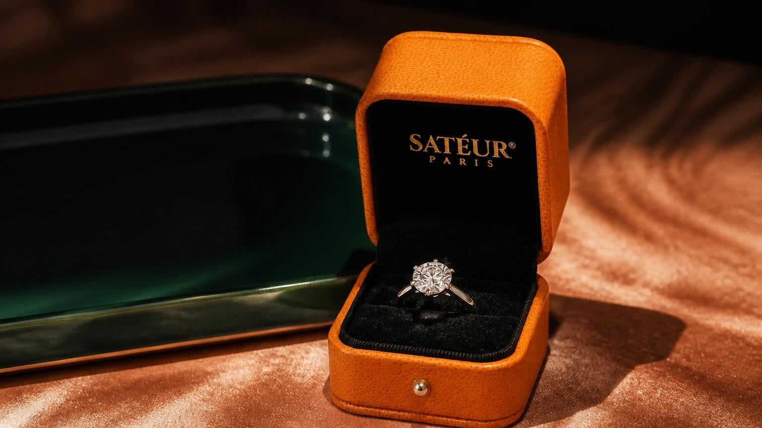 GRA moissanite ring in open Satéur box