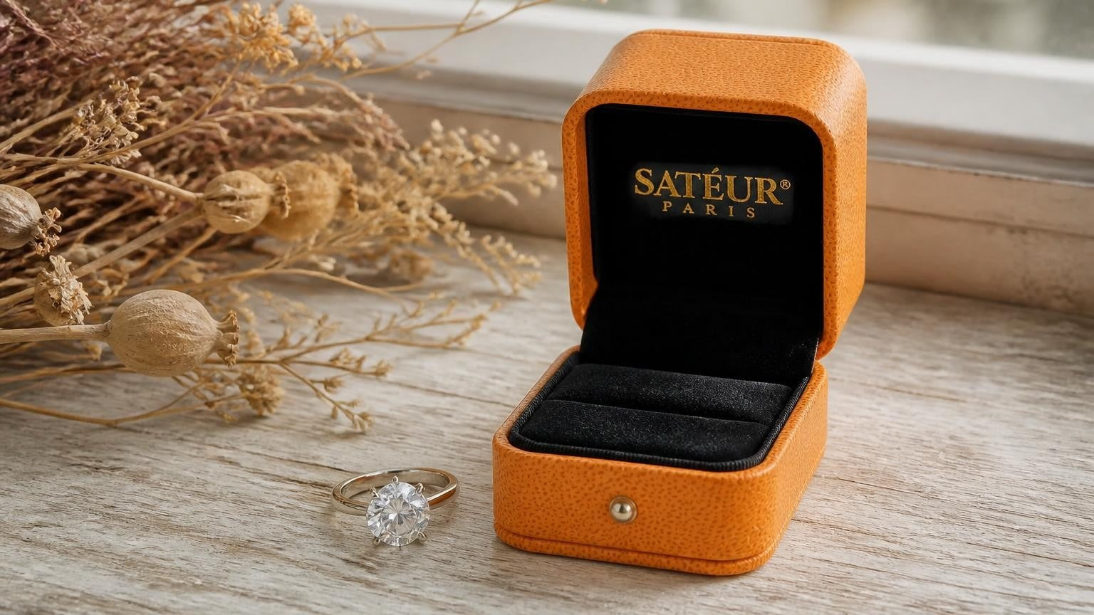 Diamond simulant ring beside open Satéur box on country-house windowsill