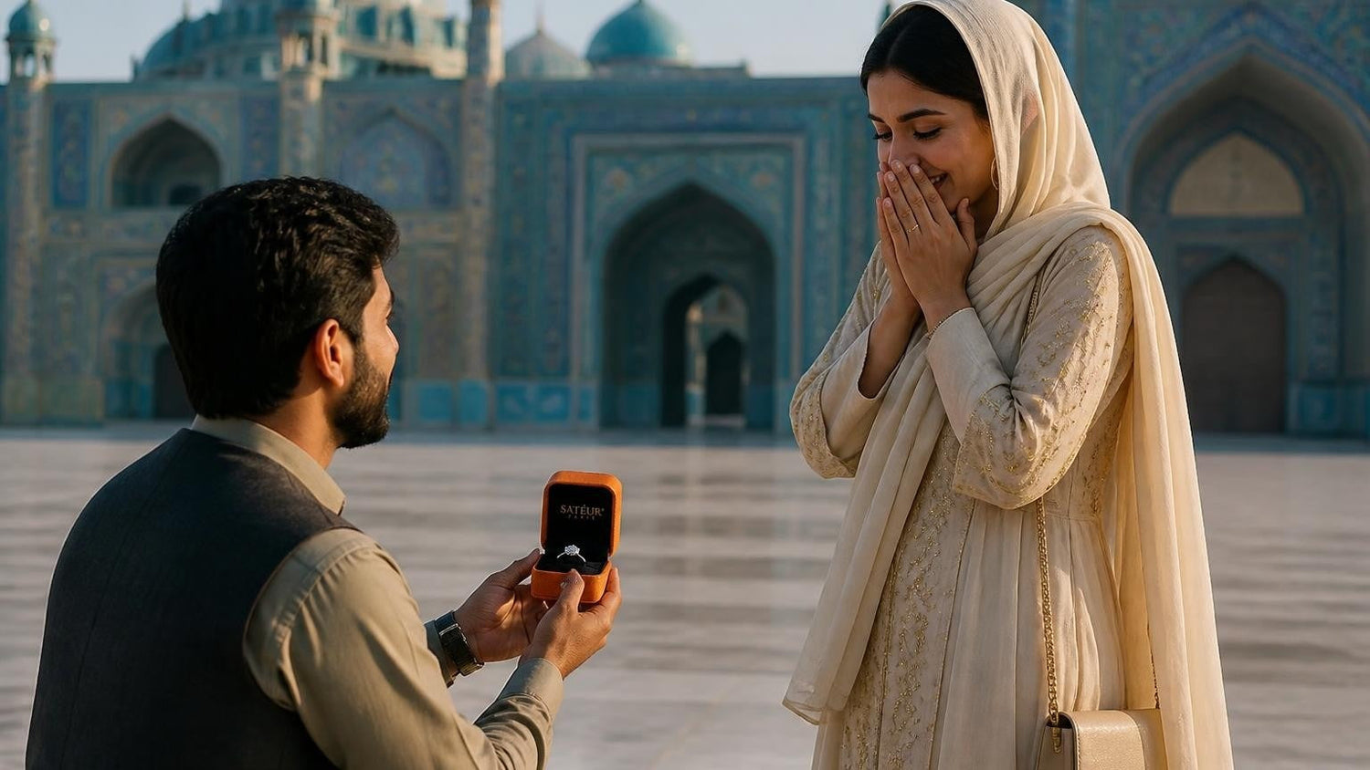 Marriage proposal in Afghanistan with the Satéur Destinée Ring — golden-hour overlook above Band-e Amir's turquoise lakes