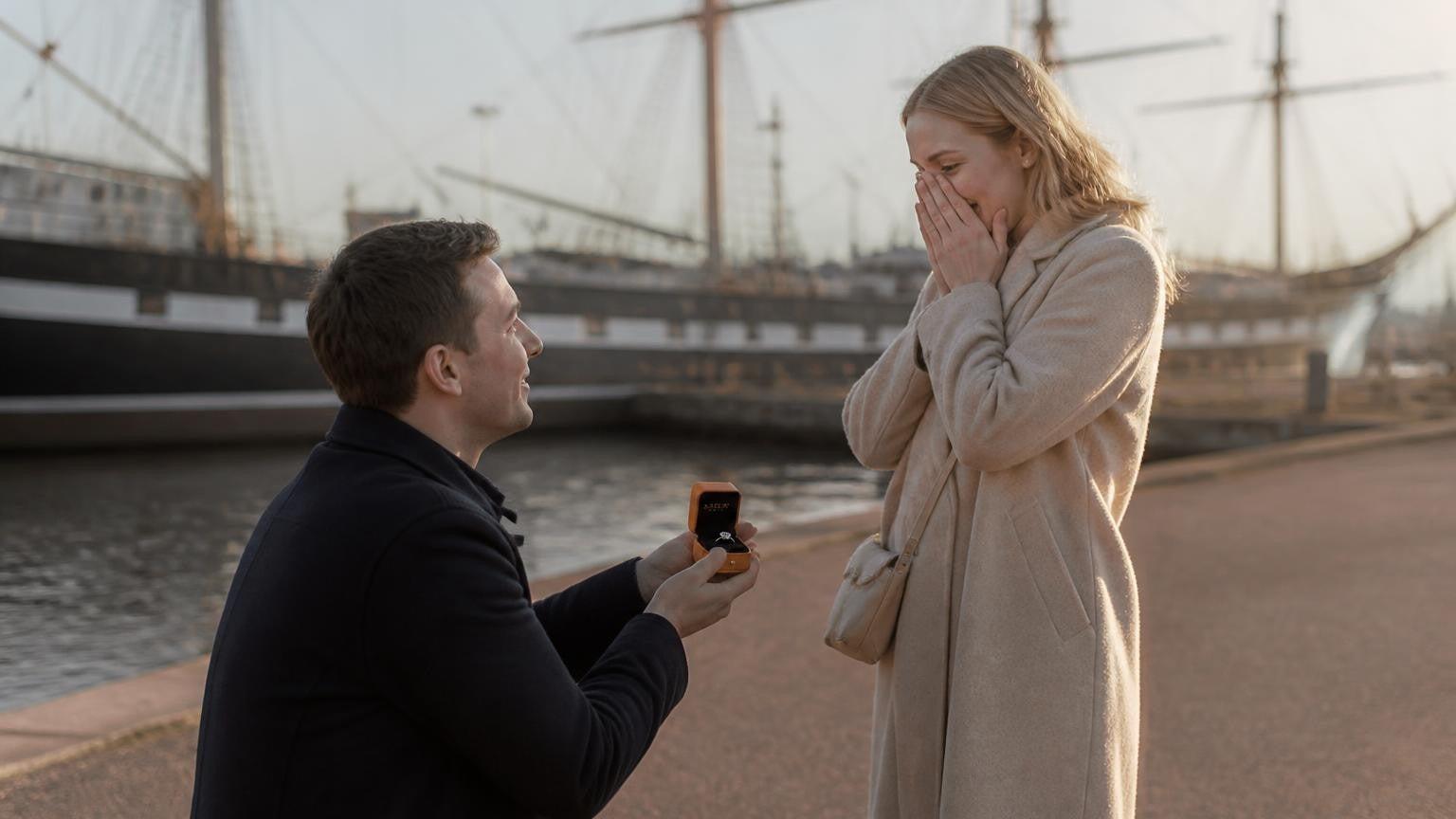 Marriage proposal in Åland Islands with the Satéur Destinée Ring — couple at Mariehamn's East Harbour beside the Pommern sailing ship