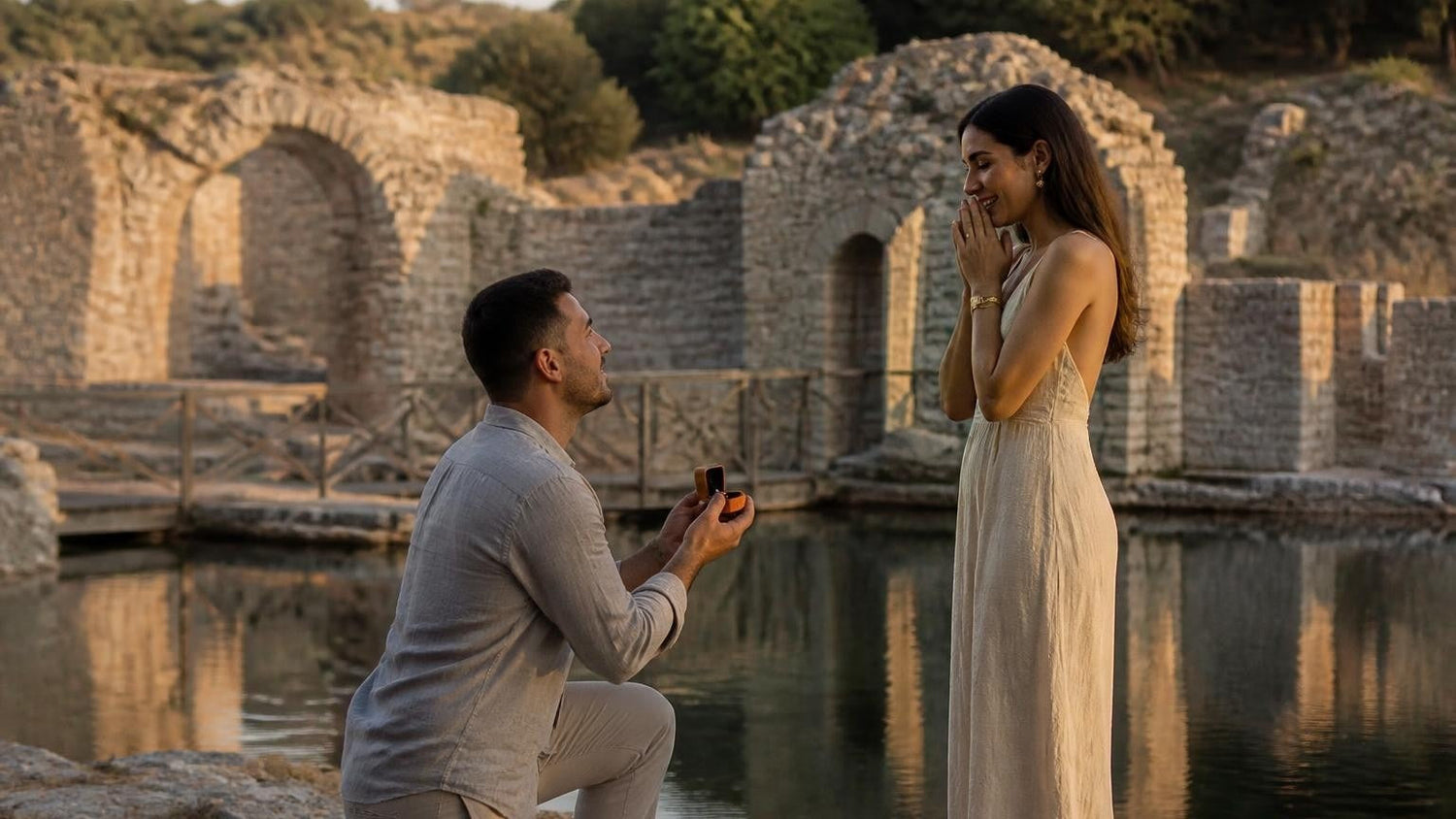 Marriage proposal in Albania with the Satéur Destinée Ring — a couple at the Butrint ruins beside the lake at golden hour