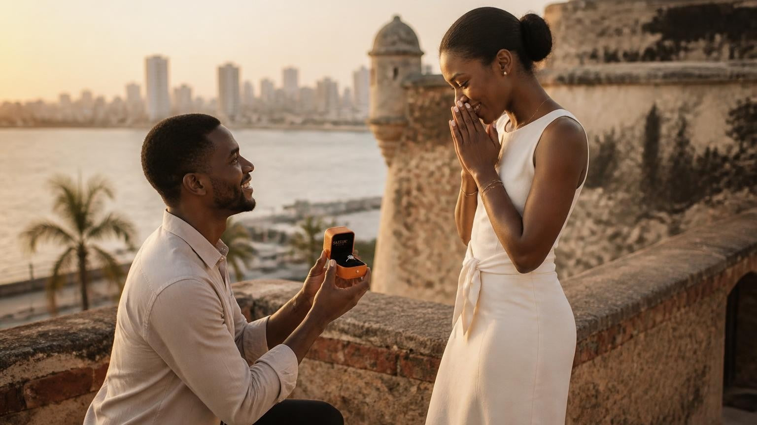 Marriage proposal in Angola with the Satéur Destinée Ring — golden hour at the Fortaleza de São Miguel above Luanda Bay