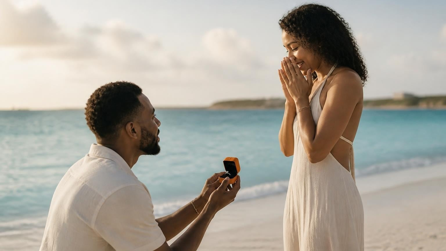 Marriage proposal in The Bahamas with the Satéur Destinée Ring — golden-hour moment on the turquoise Exuma Cays