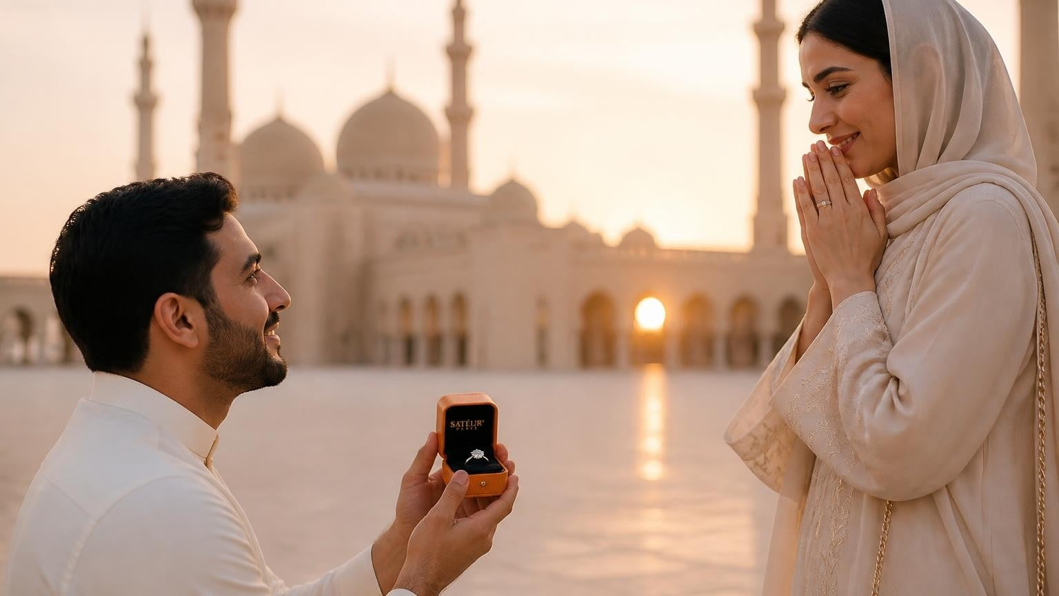 Marriage proposal in Bahrain with the Satéur Destinée Ring — couple before the Al Fateh Grand Mosque at golden hour