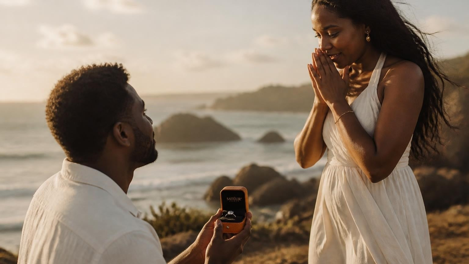 Marriage proposal in Barbados with the Satéur Destinée Ring — sunrise at Crane Beach pink-sand cliff