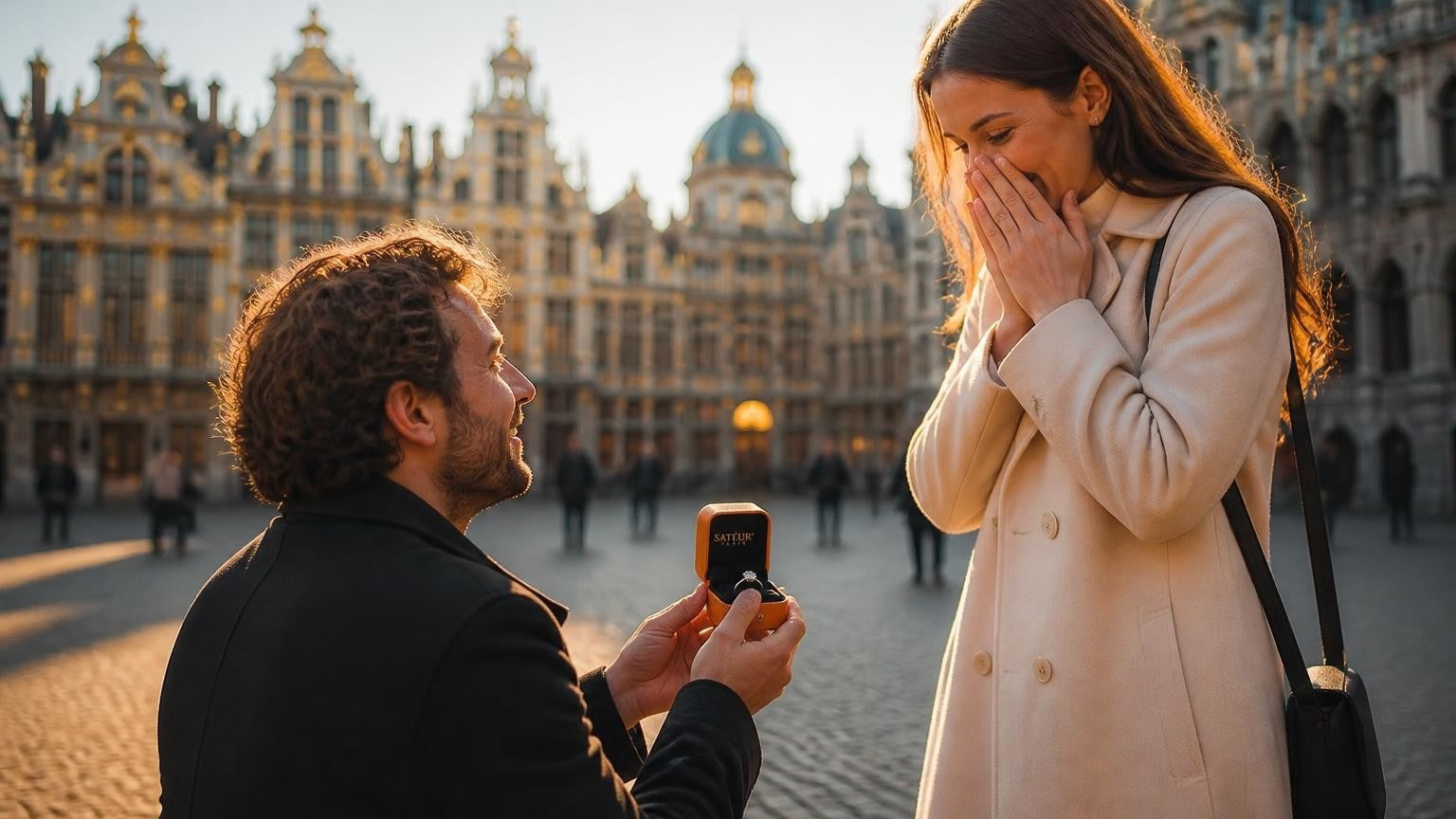 Marriage proposal in Belgium with the Satéur Destinée Ring — couple on the Grand-Place in Brussels at golden hour