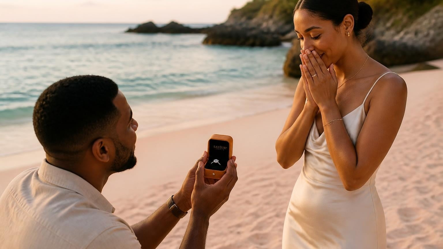 Marriage proposal in Bermuda with the Satéur Destinée Ring — sunset on the pink sand of Horseshoe Bay