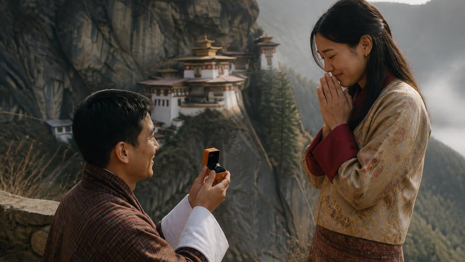 Marriage proposal in Bhutan with the Satéur Destinée Ring — a couple at Tiger's Nest Monastery above the Paro Valley in morning mist