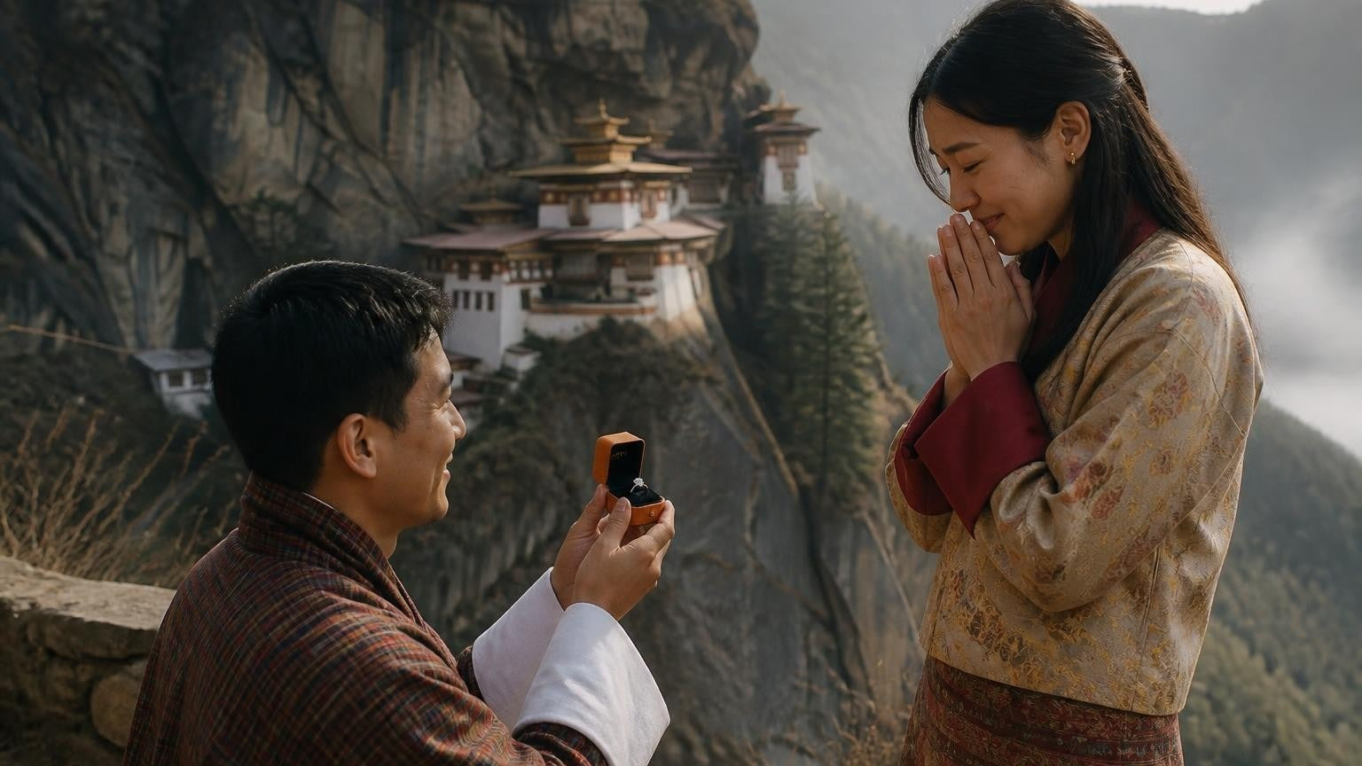 Marriage proposal in Bhutan with the Satéur Destinée Ring — a couple at Tiger's Nest Monastery above the Paro Valley in morning mist