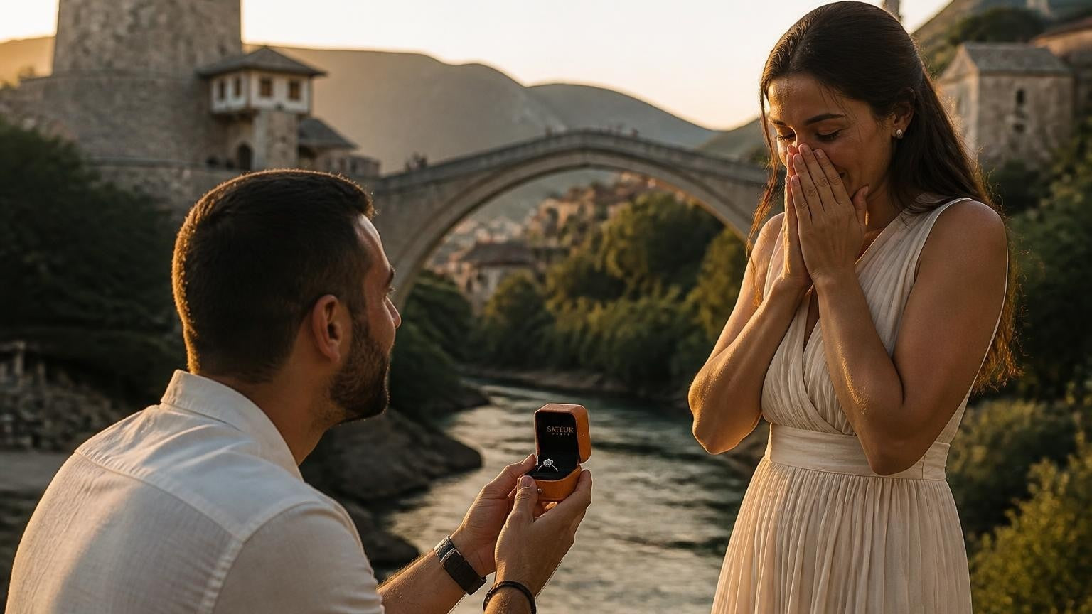 Marriage proposal in Bosnia & Herzegovina with the Satéur Destinée Ring — golden-hour moment above the Neretva at Stari Most, Mostar