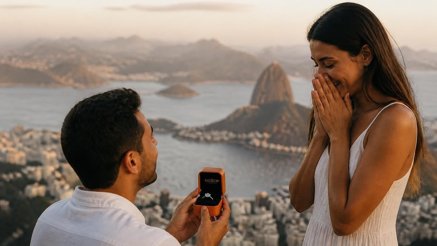 Marriage proposal in Brazil with the Satéur Destinée Ring — couple on the Rio coastline with Sugarloaf at golden hour