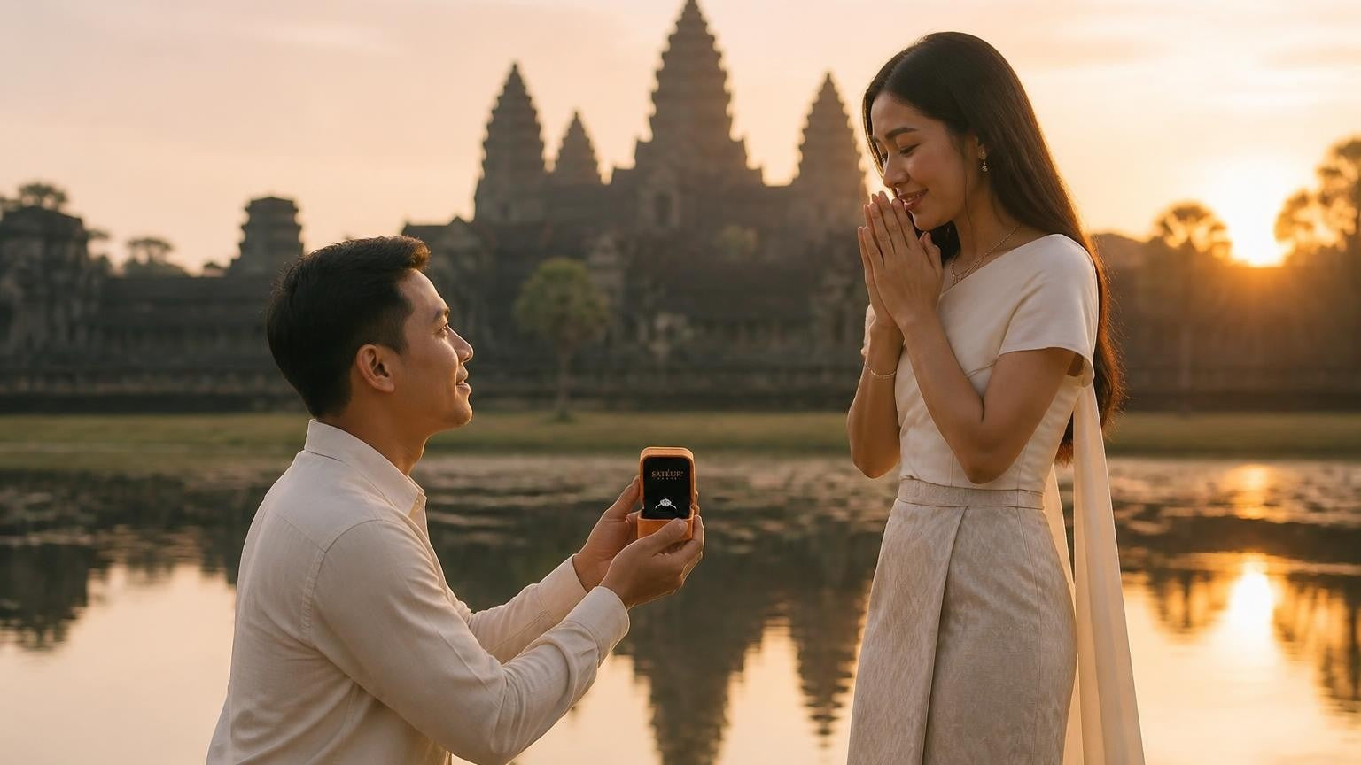 Marriage proposal in Cambodia with the Satéur Destinée Ring — Angkor Wat at sunrise