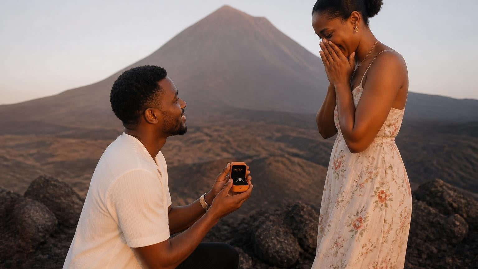 Marriage proposal in Cape Verde with the Satéur Destinée Ring — sunset on a volcanic beach