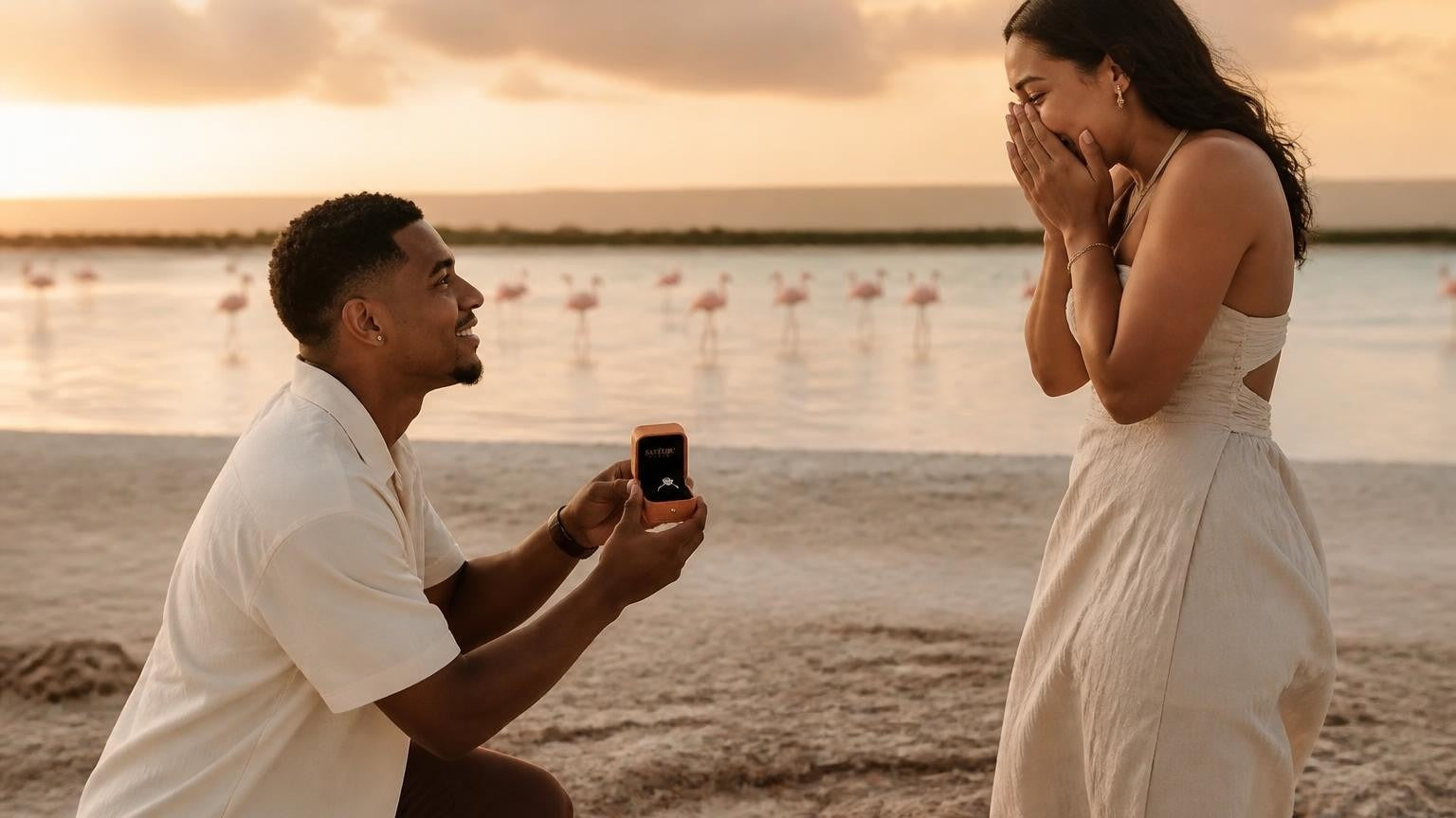 Marriage proposal in the Caribbean Netherlands with the Satéur Destinée Ring — sunset over Bonaire's pink salt flats