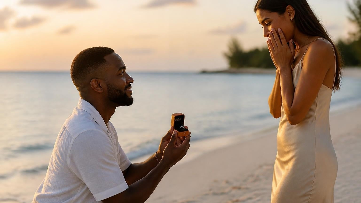 Marriage proposal in the Cayman Islands with the Satéur Destinée Ring — Seven Mile Beach at golden hour