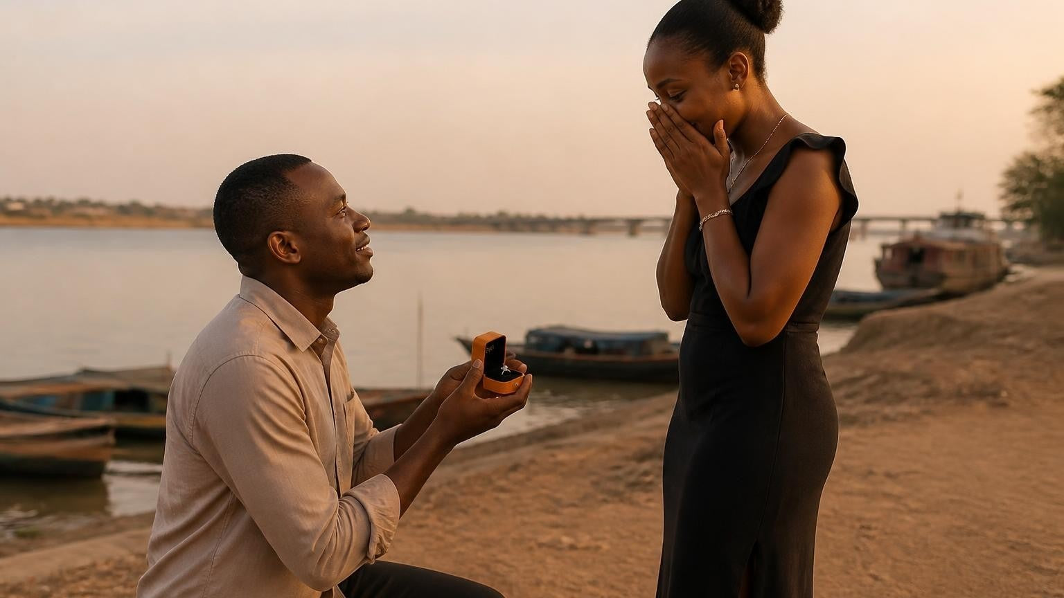 Marriage proposal in Central African Republic with the Satéur Destinée Ring — Ubangi River waterfront at golden hour