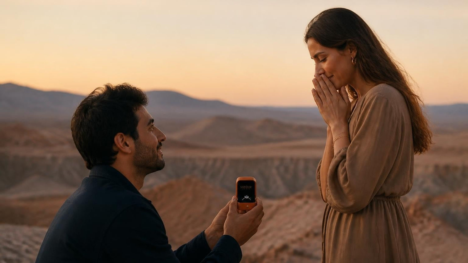 Marriage proposal in Chile with the Satéur Destinée Ring — sunset over the Valle de la Luna in the Atacama Desert