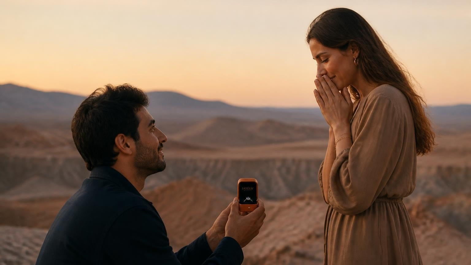 Marriage proposal in Chile with the Satéur Destinée Ring — sunset over the Valle de la Luna in the Atacama Desert