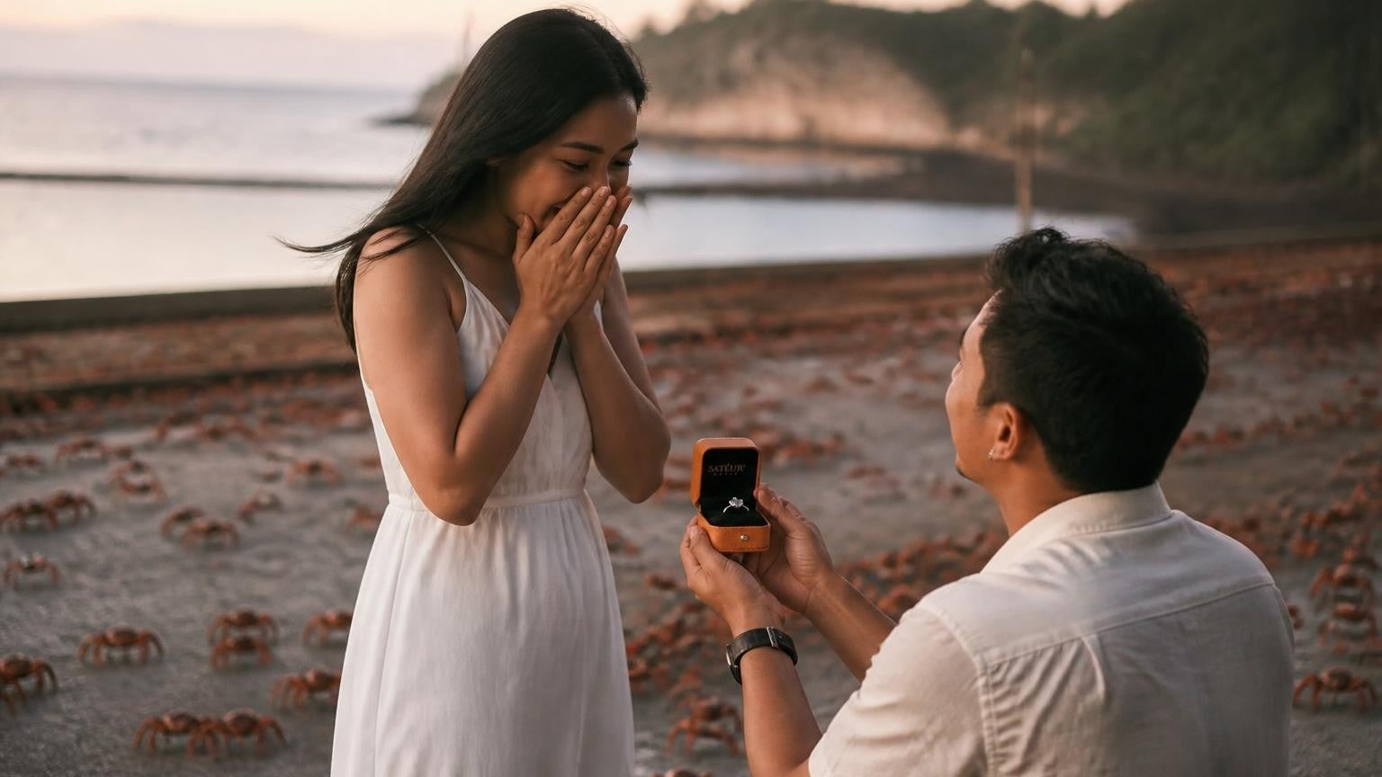 Marriage proposal in Christmas Island with the Satéur Destinée Ring — Flying Fish Cove at golden hour during the red crab migration