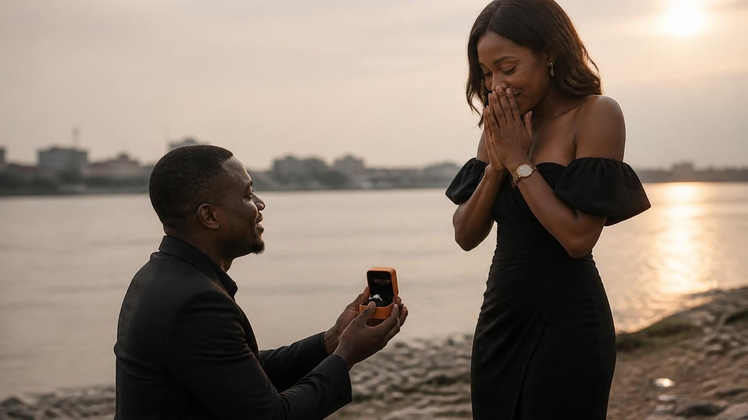 Marriage proposal in the Republic of the Congo with the Satéur Destinée Ring — couple at the Congo River waterfront in Brazzaville