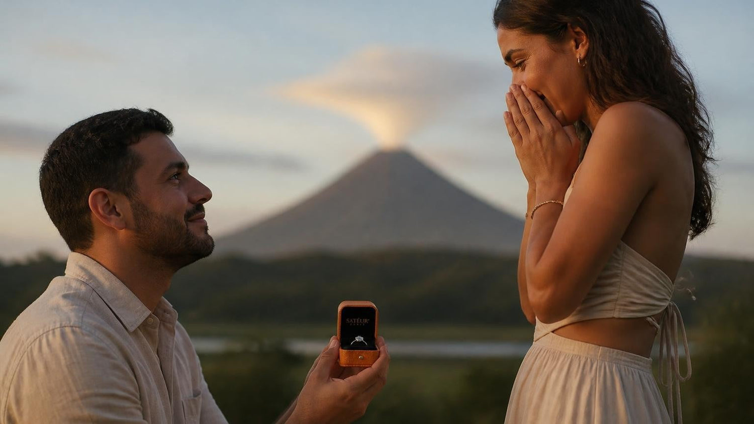 Marriage proposal in Costa Rica with the Satéur Destinée Ring — golden hour at Arenal Volcano