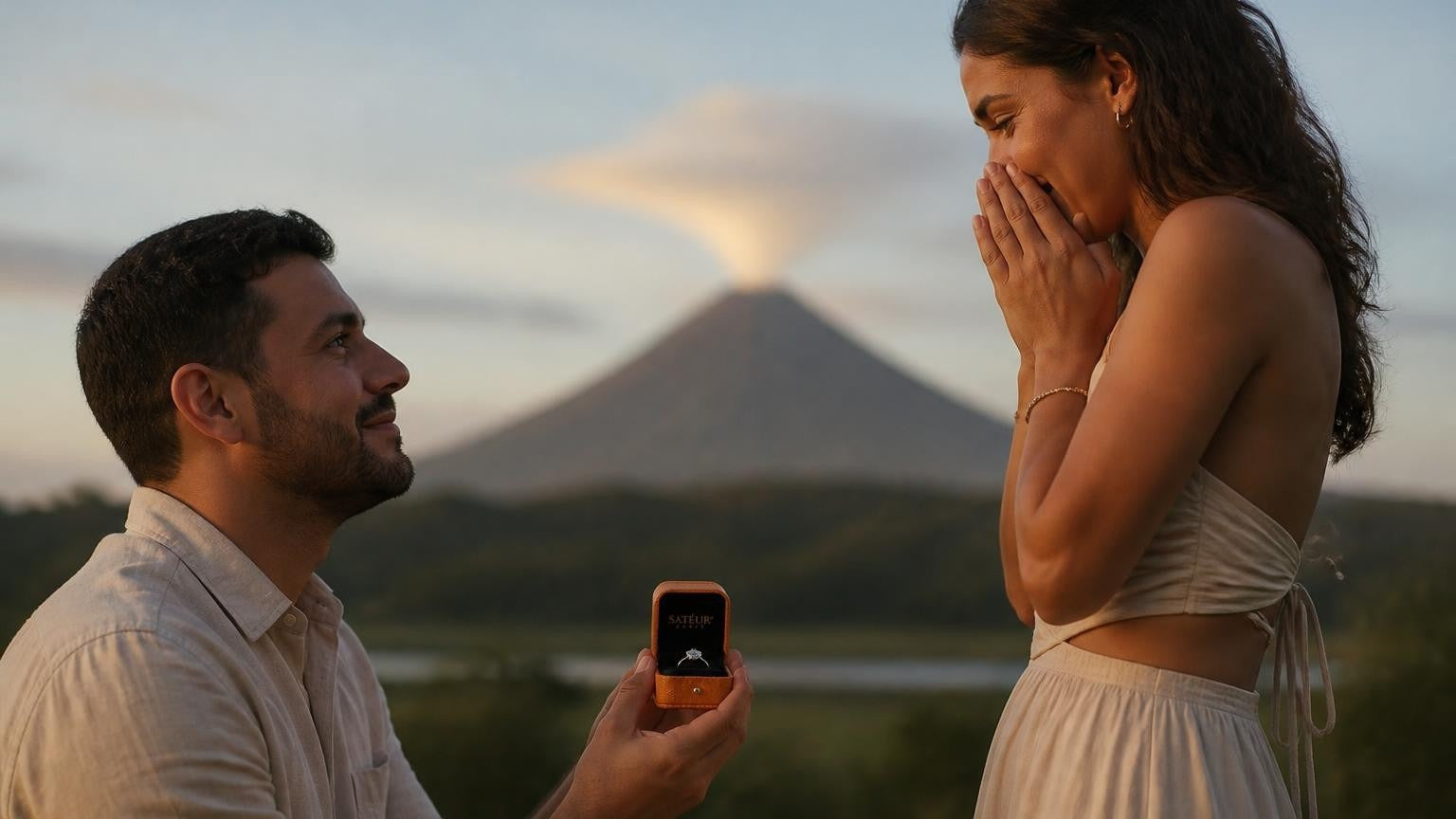 Marriage proposal in Costa Rica with the Satéur Destinée Ring — golden hour at Arenal Volcano