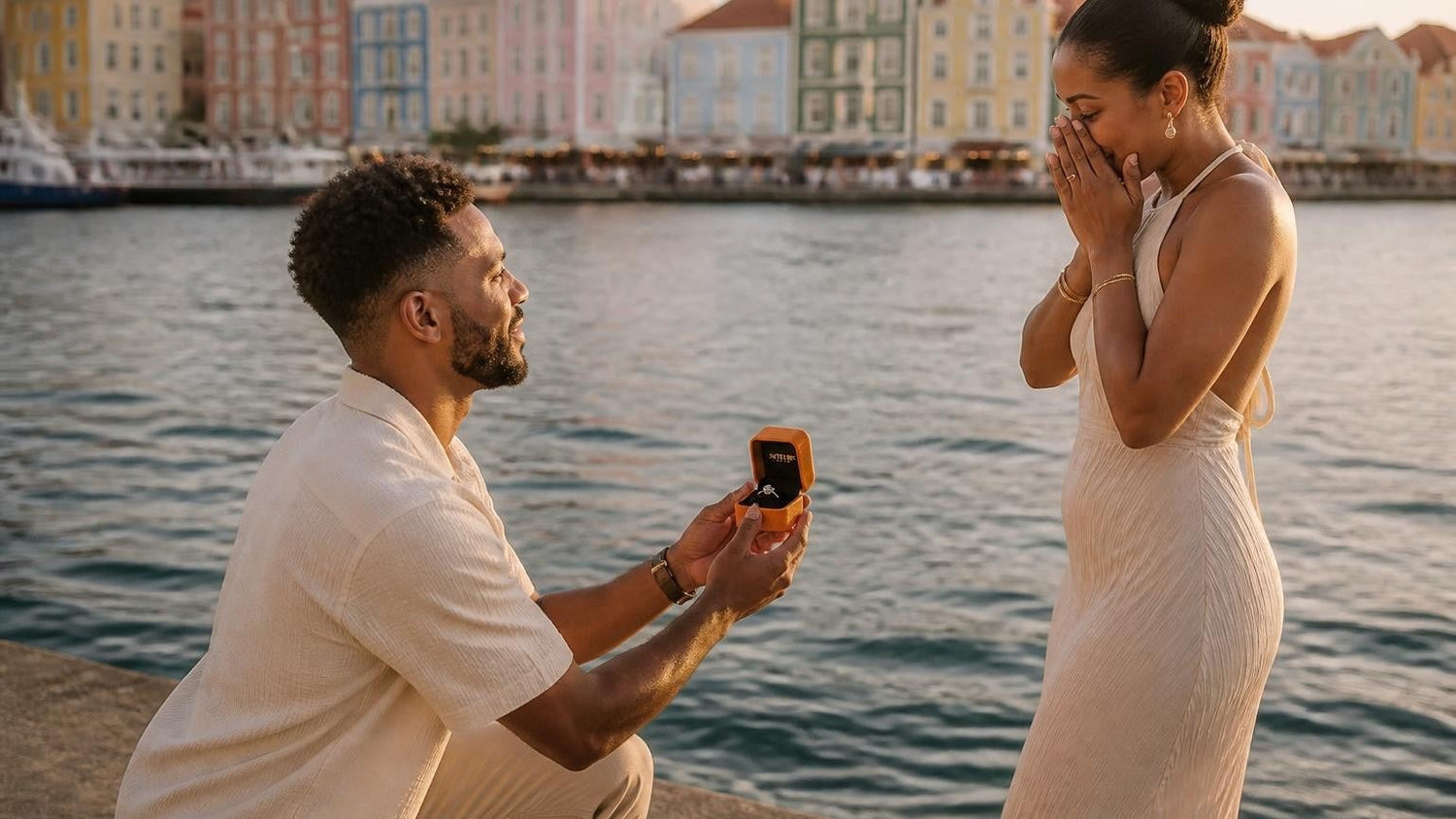 Marriage proposal in Curaçao with the Satéur Destinée Ring — golden-hour moment on the Handelskade waterfront, Willemstad